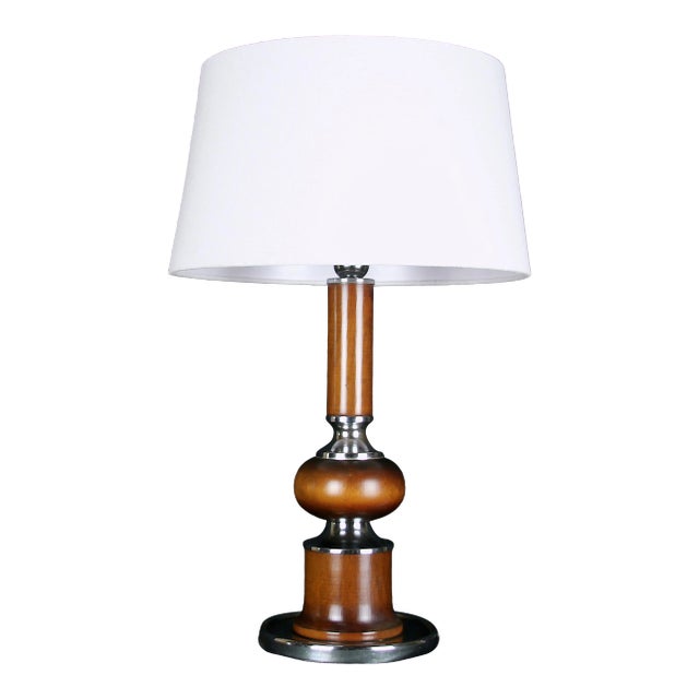 Walnut and Chrome Table Lamp With White Lampshade, France 1970's For Sale