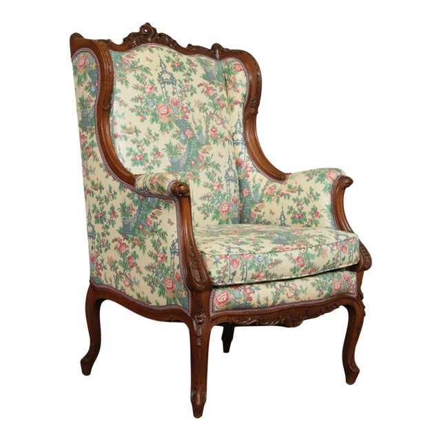 Lawsonia French Louis XV Style Vintage Carved Walnut Bergere Wing Chair