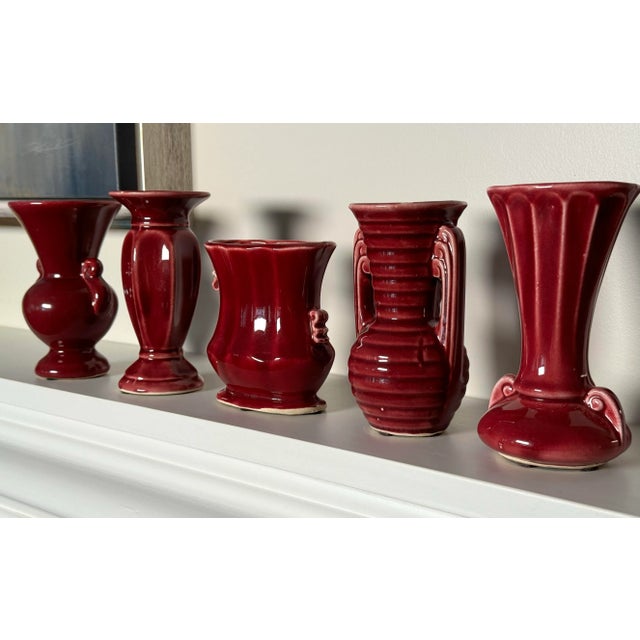 Vintage Neoclassical Style American Red Glazed Pottery Vases, Set of 5 For Sale - Image 10 of 12