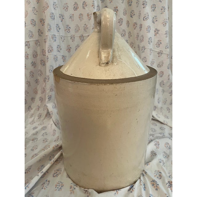 Large Stoneware Crock Jar with Handle Cream color Marked with Blue No.5 Large Chip as shown in photo