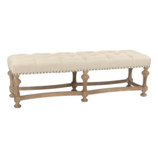 Clair Tufted Bench in Natural Line with Turned Oak Legs For Sale