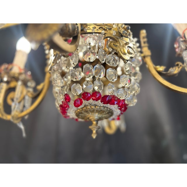 Red Gilt Bronze and Crystal 4-Light Chandelier with Enameled Glass Decoration, Early 20th Century For Sale - Image 8 of 12