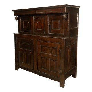 Antique Early 18th Century Welsh English Deuddarn Carved Oak Court Cupboard 1737 For Sale