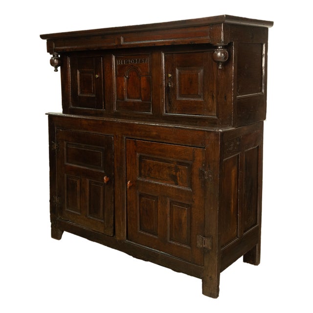 Antique Early 18th Century Welsh English Deuddarn Carved Oak Court Cupboard 1737 For Sale