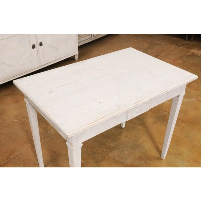 Swedish Gustavian Style 1880s Painted Wood Table with Carved Rosettes and Beads For Sale In Atlanta - Image 6 of 13
