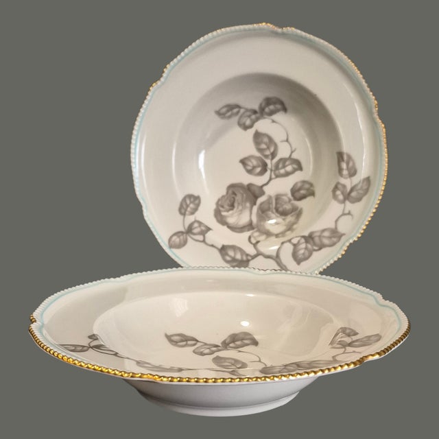 Mid-Century Modern Vintage Pair u.s.a Castleton Gloria Fine China Taupe Roses Blue Band 22Kt Gold Trim Bowls For Sale - Image 3 of 8