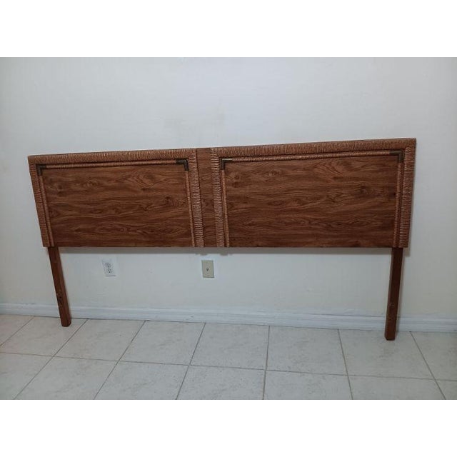 1970s Vintage Lane Style King Size Headboard Wood Panel Textured Woven Border Brass Accents For Sale - Image 5 of 6