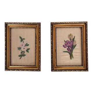 Set Vintage Flower on Silk Paintings, Embroidery Flower Art For Sale