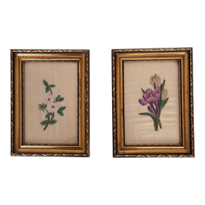 Set Vintage Flower on Silk Paintings, Embroidery Flower Art