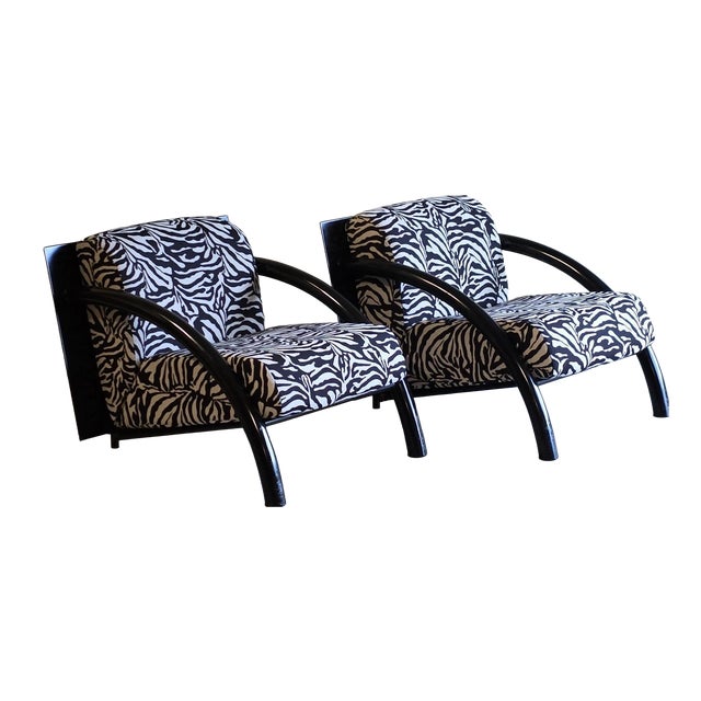 Postmodern Black Armchairs with Zebra Print Cushions, 1980s, Set of 2 For Sale