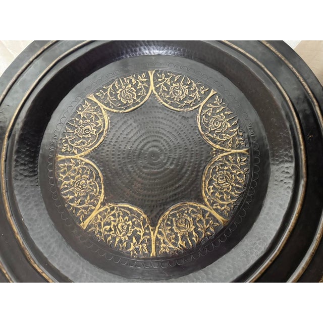 Boho Chic Large 30” Persian Style Repousse Floral Brass Tray Black Bronze Finish For Sale - Image 3 of 12