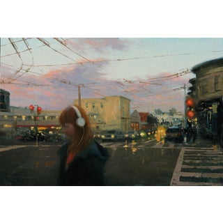 Lost in Thought by Hsin-Yao Tseng | Oil Painting of a girl with headphones on a city street at dusk For Sale