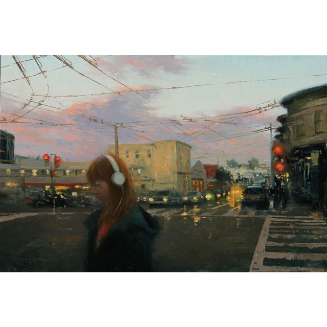 Lost in Thought by Hsin-Yao Tseng | Oil Painting of a girl with headphones on a city street at dusk For Sale