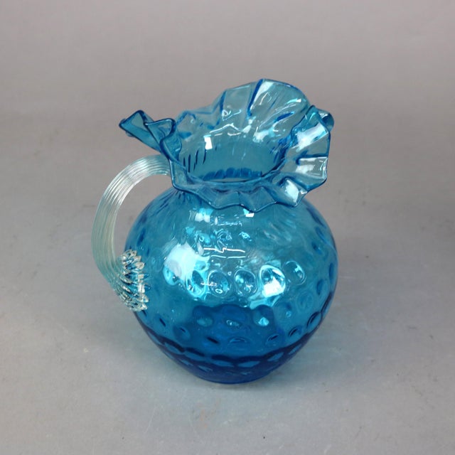 Glass Antique Ariel Blue Coinspot Ruffle Top Glass Water Pitcher, Circa 1900 For Sale - Image 7 of 11