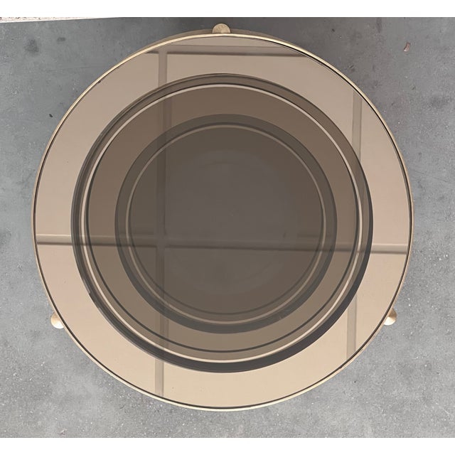 Set of Three Round Brass Nesting Tables With Smoked Pink Glass Tops For Sale In Miami - Image 6 of 12
