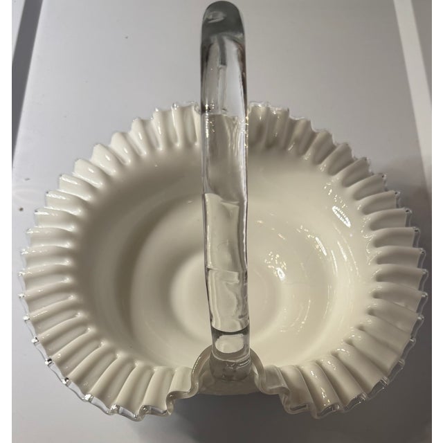 1970s Vintage Fenton Silver Crest Milk Glass Handled Basket – Ruffled Edge Brides Basket (1970s) For Sale - Image 5 of 10
