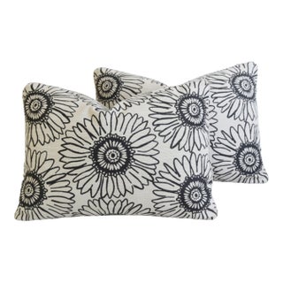 Perennials Sunflowers Linen Feather/Down Pillows 22" X 16" - Pair For Sale