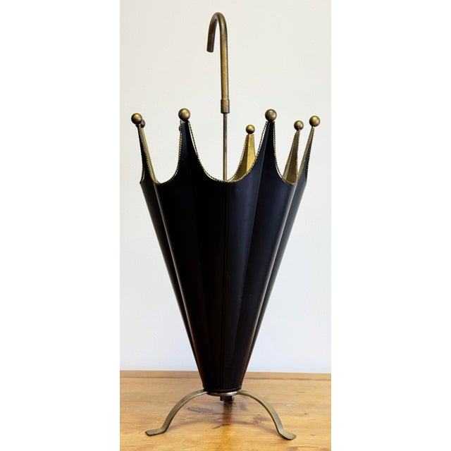 Black Vintage Metal Black and Gold Umbrella Motif Umbrella Stand For Sale - Image 8 of 10