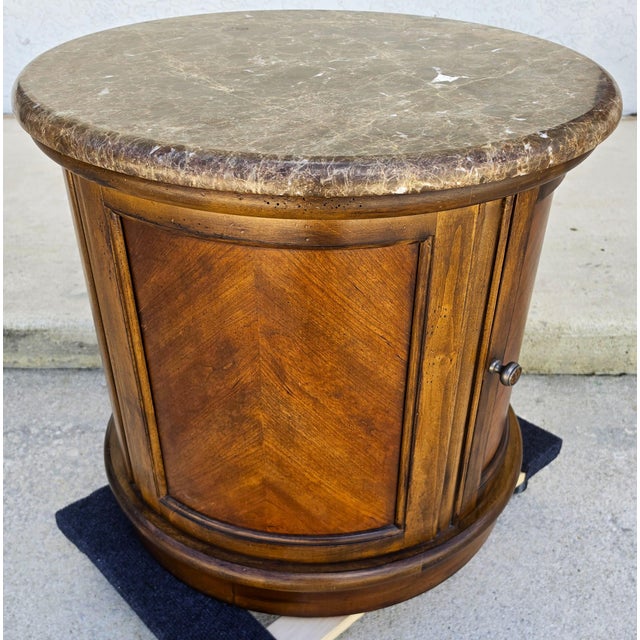 Vintage Round Brown Marble Top Drum Side End Center Table With Storage Cabinet For Sale - Image 10 of 13