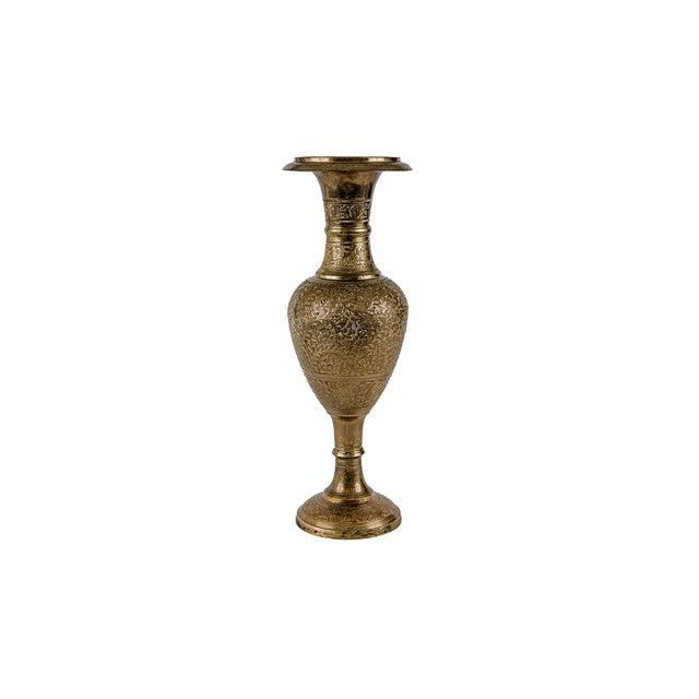 Mid-Century Modern Vintage Mid-Century Indian Nakkashi Etched Brass Vase 18" For Sale - Image 3 of 12