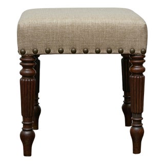 English Mahogany 19th Century Stool with Turned Legs and Custom Linen Upholstery For Sale