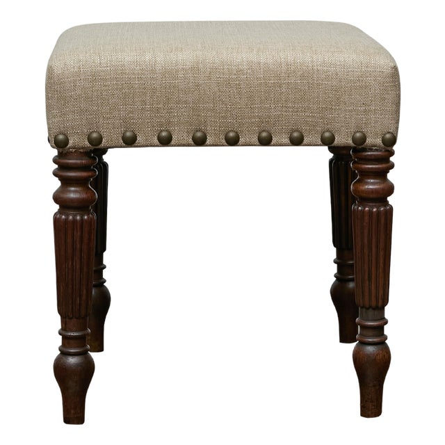 English Mahogany 19th Century Stool with Turned Legs and Custom Linen Upholstery For Sale