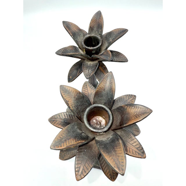 Mid-Century Modern Pair of Vintage Bronze Palm Tree Candleholders For Sale - Image 3 of 6