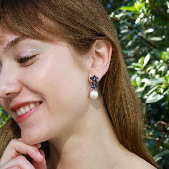 Not Yet Made - Made To Order Nina Zhou 4.92ctw Blue Sapphire Diamond Pearl Convertible Blossom Drop Earrings For Sale - Image 5 of 9