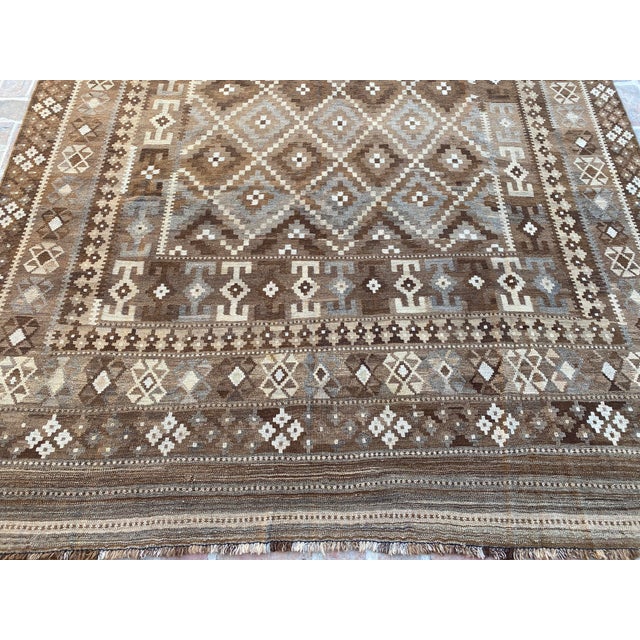 Afghan Ghalmori Maimana Kilim Rug 8x14 Ft, Handwoven Brown Gray Blue Bordered Flatweave, Large Tribal Area Rug For Sale - Image 4 of 15