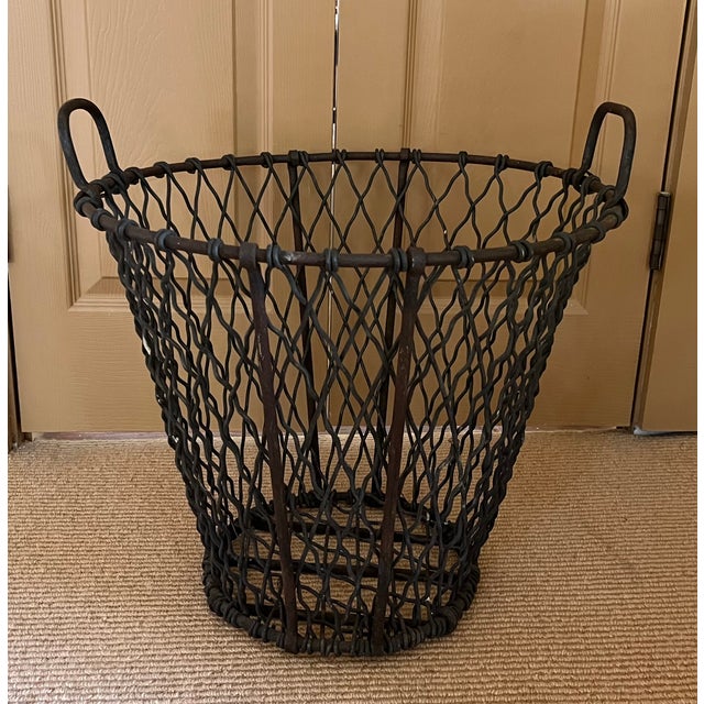 Large Antique Early 20th Century Heavy Gauge Industrial Wire Work Basket With Handles for Garden or Hearth For Sale In New York - Image 6 of 17