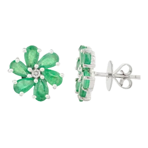 Six Petals Emerald & Diamond Flower Stud Earrings - a Pair
