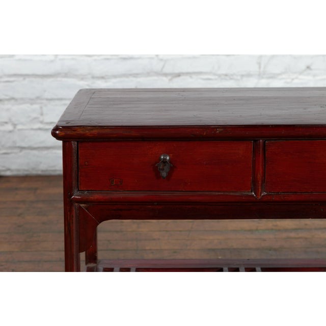 Vintage Chinese Oxblood Lacquer 2-Drawer Side Table with Fretwork Shelf For Sale - Image 12 of 13