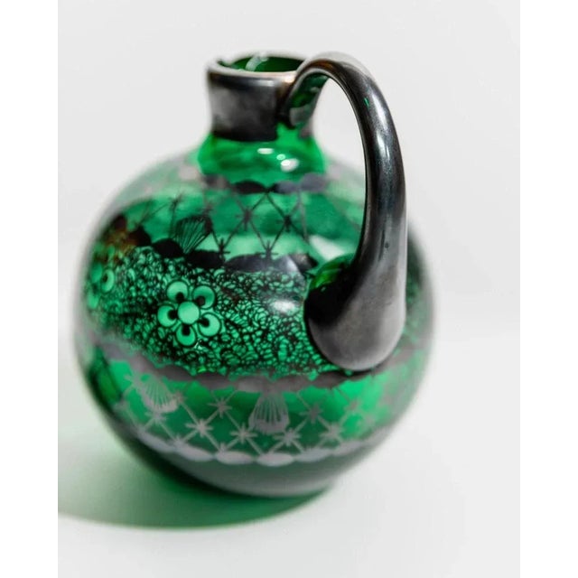 Green Vintage Green Murano Glass Liqueur Decanter and Glasses with Hand-Painted Silver Decor, Italy, 1930s, Set of For Sale - Image 8 of 11