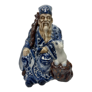 Vintage Japanese Kutani Porcelain Stautue of Sau, the Immortal,With His Deer
