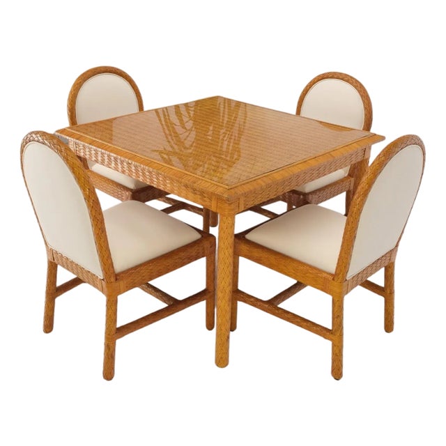 Leather Basket Weave Wicker Style Square Dining Room Table 4 Chairs Glass Top For Sale