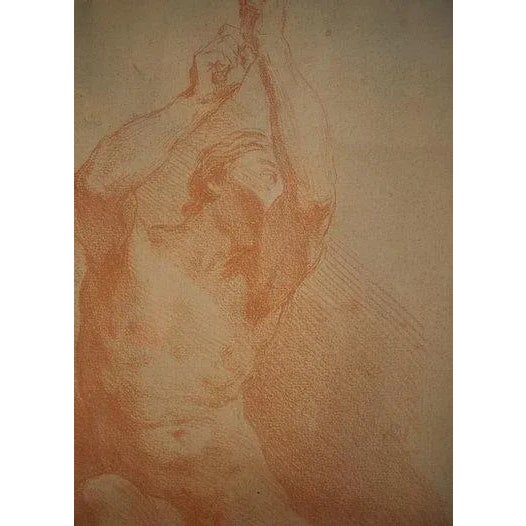 An early 19th century academy style drawing of a seated male figure, the figure posed as if reaching for something...