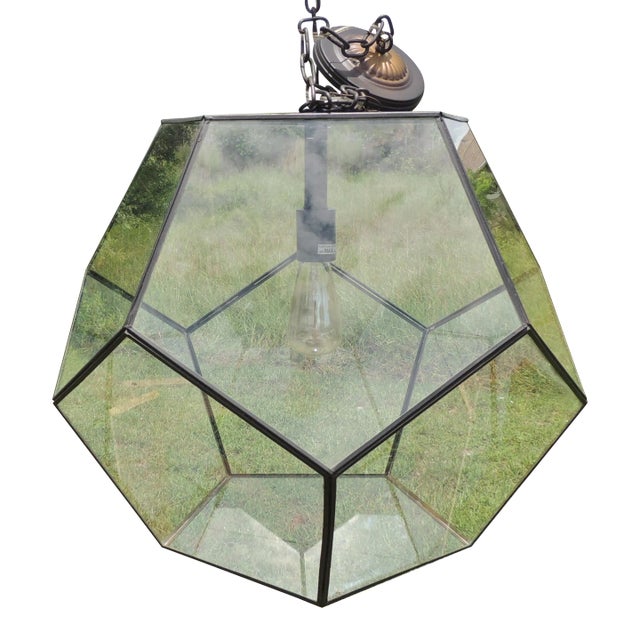 Large Vintage Late 20th Century Glass Metal Polygon Panel Ceiling Fixture Pendant For Sale