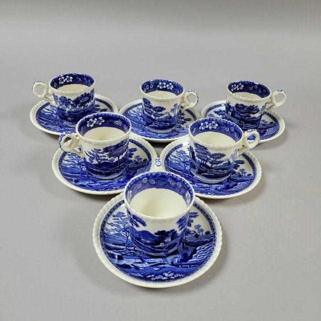 Antique set of 6 English blue and white demitasse cups with saucers in Copeland's "Spode's Tower" pattern. Cups are small...