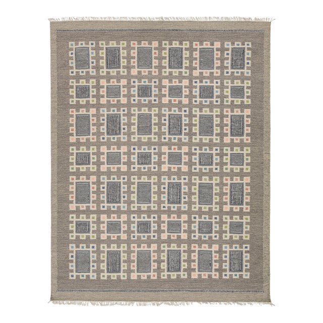 Contemporary Swedish Geometric Wool Flatweave Rug Architectural Nordic Design For Sale