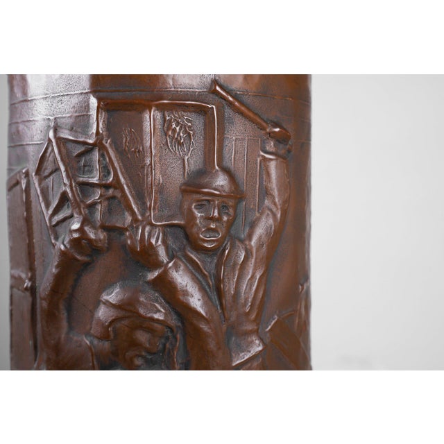 Copper Umbrella Stand with Hammered Relief of Medieval Café, France, 1900s For Sale - Image 4 of 13