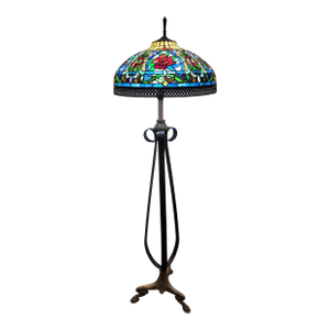 Antique Tiffany Style Stained Glass Floor Lamp Metal Base Statley Piece