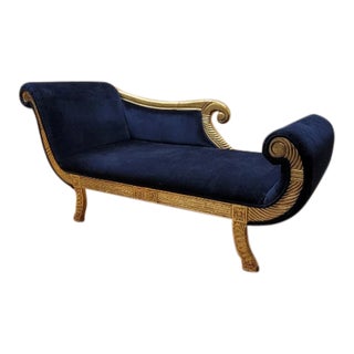 Vintage Egyptian Revival Carved Gold Gilded Scrolled Ebony Velvet Chaise Lounge For Sale