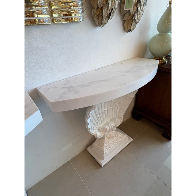 Hollywood Regency Grosfeld House Seashell Shell Scalloped Pair Demi Lune Wall Console Table Marble For Sale - Image 3 of 18