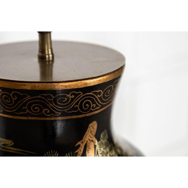 Black Large English Chinoiserie Papier-Mâché Table Lamps, 1950, Set of 2 For Sale - Image 8 of 16