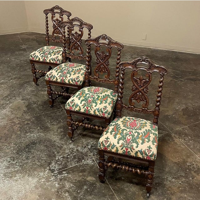 Wood Set of Four 19th Century Renaissance Revival Louis XIII Style Barley Twist Side Chairs in Solid Oak For Sale - Image 7 of 15