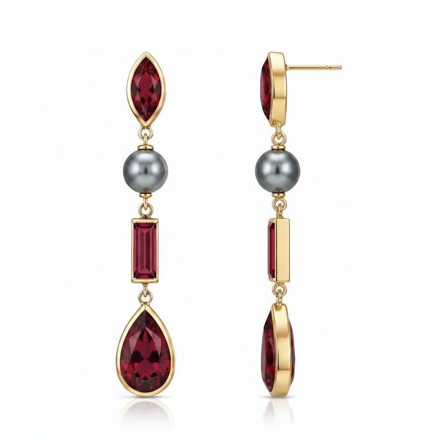 Modern Multi-Shape Garnet Earrings studs. Contemporary Pearl & Garnet Drop Earrings. Geometric Garnet and Pearl Earrings....