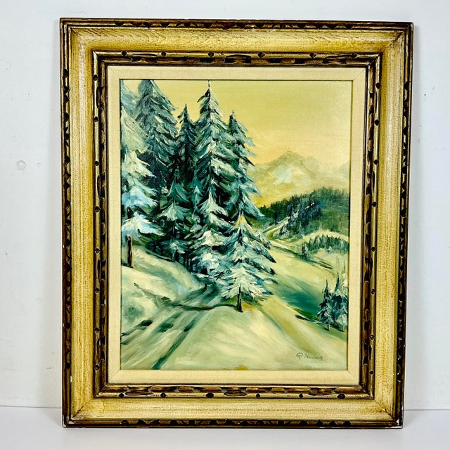 American Folk Art Painter P. Heacock has captured a mountain road after a snow with tall evergreen trees draped in snow....