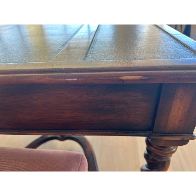 Wood John-Richard 39" X 39" X 30"h Eur-03-0108 Leather Top Walnut Game Table (Mah Jongg) and 4 Red Palecek Bamboo Chippendale Style Dining Chairs For Sale - Image 7 of 10