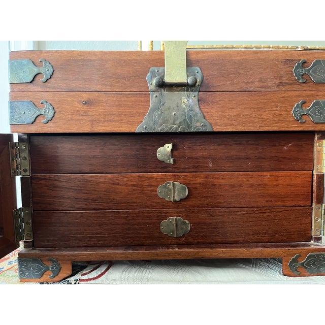 Late 20th Century Chinese Burl Wood Jewelry Chest Ornate Brass Hardware Green Silk Lining 9x14x10 For Sale In San Francisco - Image 6 of 11
