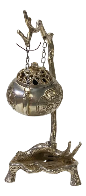 Chinese Rustic Silver Color Metal Tree Swing Incense Holder